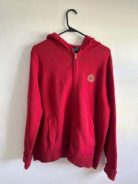 Lauren Ralph Lauren Red Cotton Full-Zip Crest Knit Hoodie Size XL